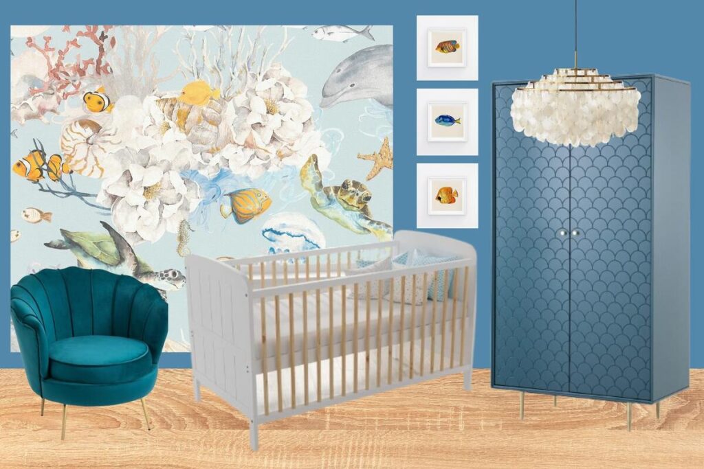 Stanza del neonato.
a room with a crib and a blue cabinet